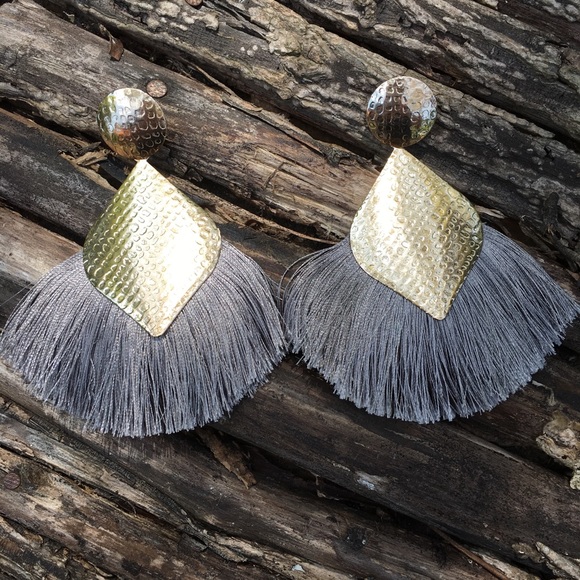 Big Beautiful Grey & Gold Tassel Earrings - Picture 1 of 5